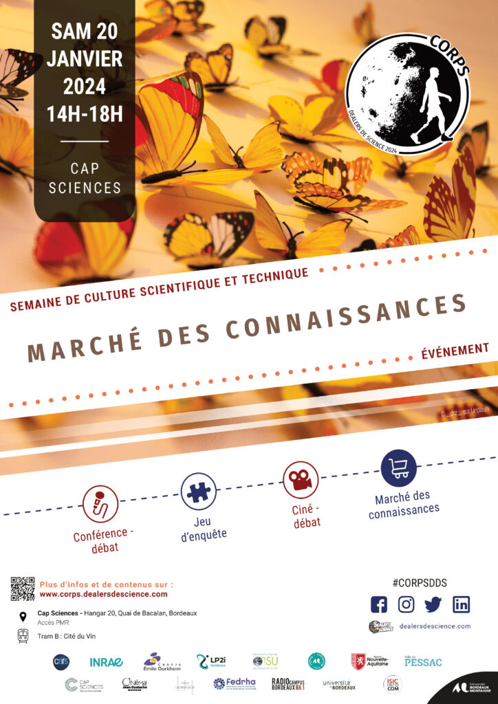 Affiche du marché des connaissances organisé le samedi 20 janvier 2024 de 14 heures à 18 heures à Cap Sciences à Bordeaux dans le cadre de la Semaine de Culture Scientifique 2024.
