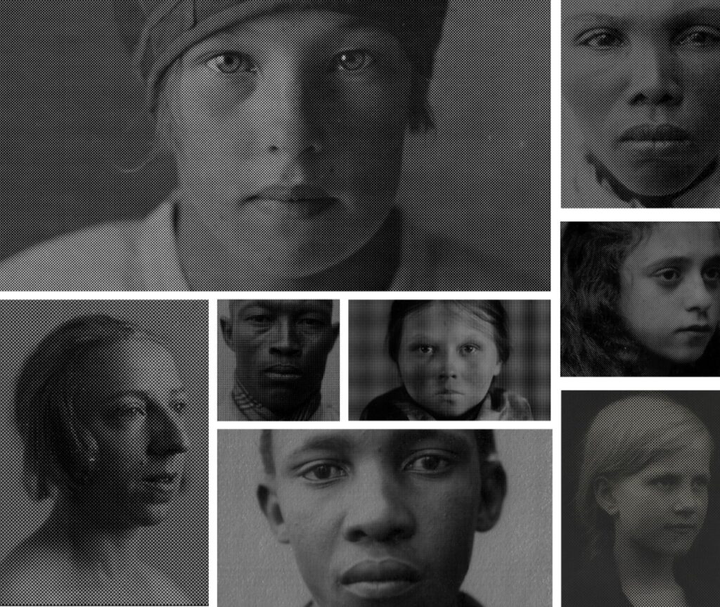 Portraits de 8 personnes. Certains fixent l'objectif. Les images sont en noir et blanc.