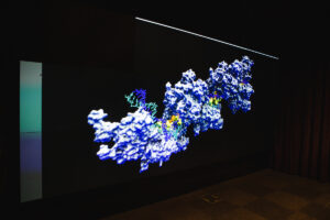 Photographie de la visualisation en 3D de la structure de 3 brins d'ADN entourés par des protéines lors d'une recombinaison homologue. La recombinaison homologue est un processus de réparation de l'ADN suite à une cassure de ce dernier.
